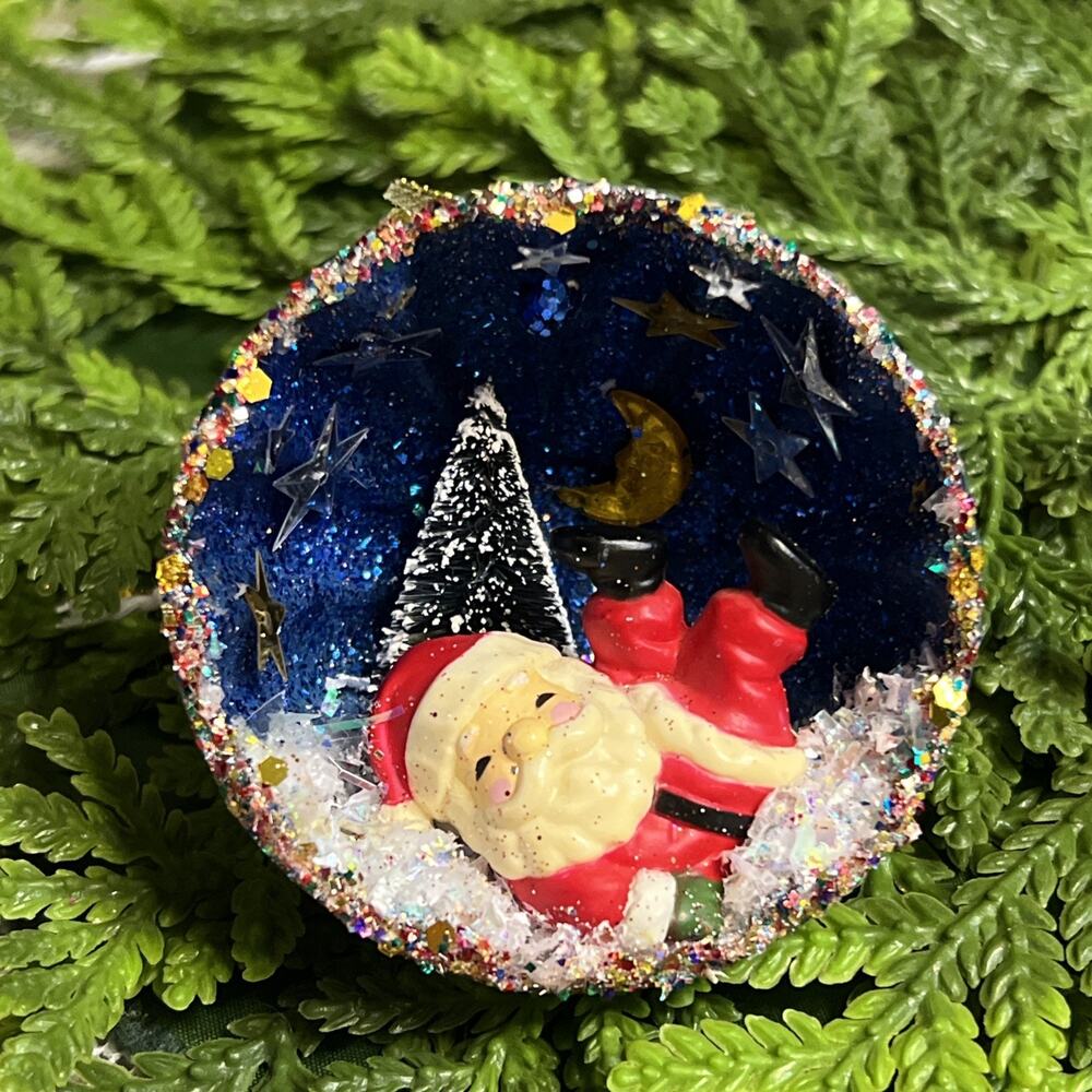 Vintage Round Tart Tin Santa Claus Stars Tree Moon Diorama Mid Century Ornament